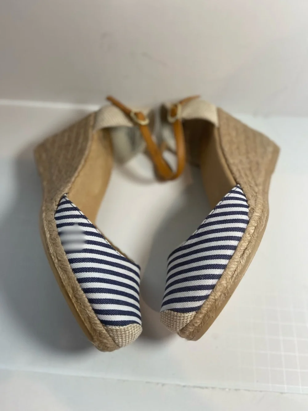 White Mountain~Navy/White Striped Cotton Canvas~Espadrille~Wedge~Sandal~Size 8.5